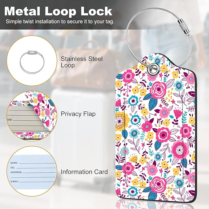 2Pack Luggage Tags for Suitcases, Cute Unique Pu Leather Cruise Luggage Tag with Privacy Cover ID Label Address Card and Metal Ring Suitable for Women Men Kids Travel Bag Pink and Yellow Flowers 1