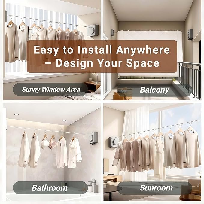 Retractable Clothesline Indoor & Outdoor – 16.8 Ft Non-Sagging Heavy-Duty Stainless Steel Clothes Line for Apartments, Bathrooms, Balconies & RV Walls, Space-Saving Laundry Line