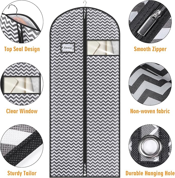 Syeeiex 60'' Dress Bags for Gowns, Set of 4 Garment Bag for Hanging Clothes, Dress Garment Bag, Dustproof and Keep Closet Tidy, Perfect for Suit Evening Dresses Fur Coat Long Dress Gown(Dark Grey)