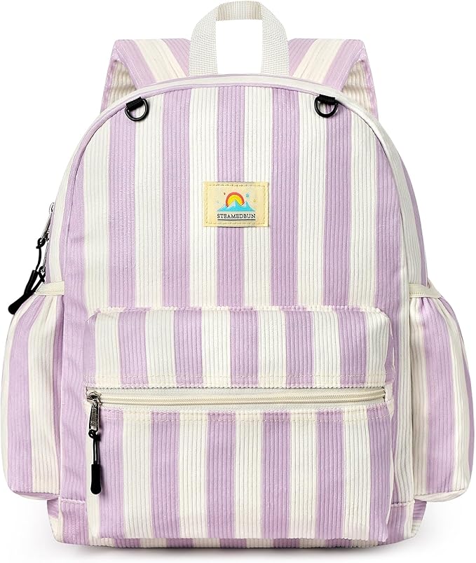 STEAMEDBUN Corduroy Kids Backpack for Girls and Boys 5-8: Girls Backpack for Elementary Kindergarten - 15 inch Cute Backpacks for Kids - Stripe