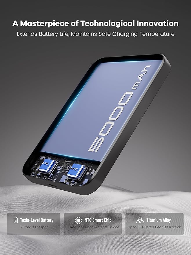 【Titanium Body & Ultra-Slim 0.3-Inch Design】 5000mAh Magnetic Power Bank with Titanium Body, Lightweight & Portable, Easy to Carry for Daily Use, Travel, and Emergencies