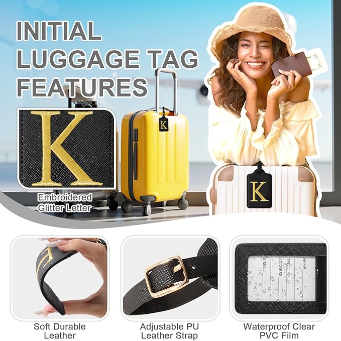 Personalized Initial Luggage Tags for Suitcase TSA Approved, Black Leather Cute Luggage Tag with Privacy Cover Name Card, Embroidered Custom Luggage Tags Travel Backpack Tags Gifts for Women Kids(K)