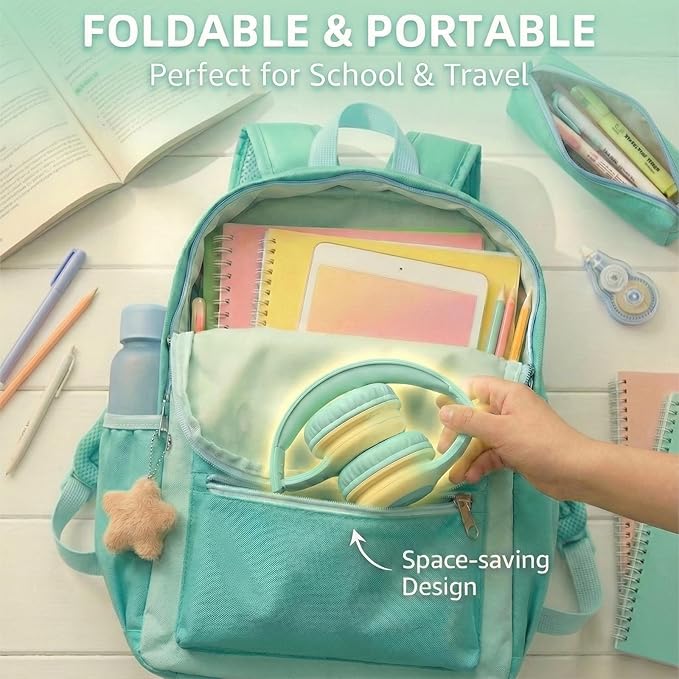 ADOOPE Wired Kids Headphones with USB C Plug, 85dB Safe Volume, Adjustable Headband, Tangle-Free Cord Headphones for School, Tablet, Travel (Mint Green & Cream Yellow, Without Microphone)