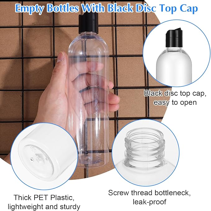 3 Pack 14 oz Clear Plastic Empty Bottles with Black Disc Top Caps Refillable Squeezable Trave Containers for Shampoo, Lotions, Creams