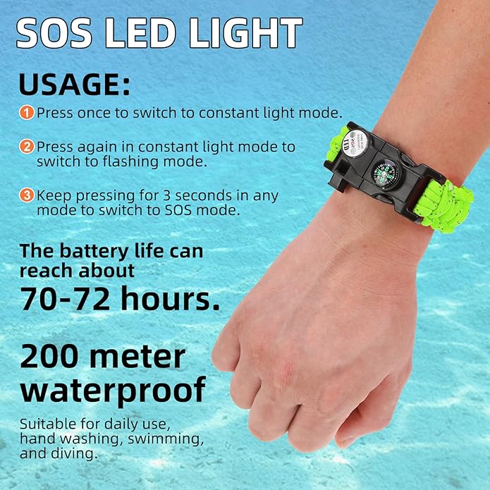 Survival Bracelets, Paracord Bracelets (2 pcs) with Loud Whistle Light Flint, Adjustable Compass Bracelet for Outdoor Camping Hiking Fishing Hunting, Multitools Tactical Gear, Bearable 300 lb