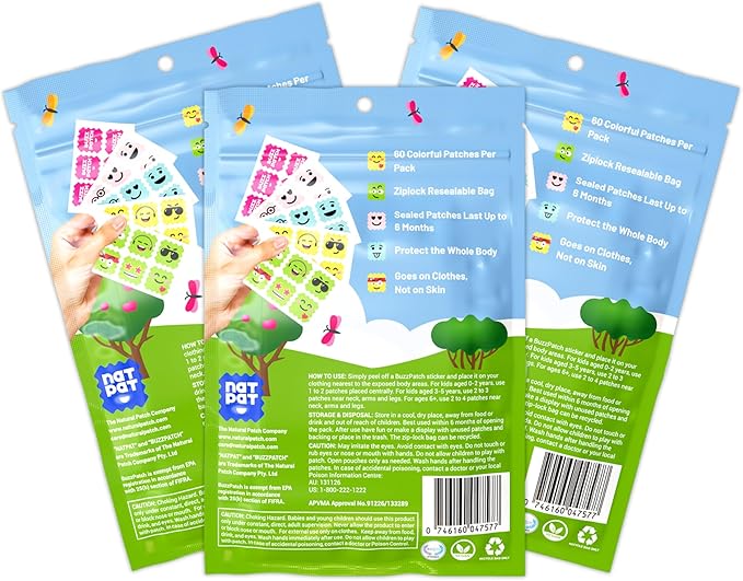NATPAT BuzzPatch Mosquito Patch Stickers for Kids - All Natural, Plant Based Ingredients, Non-Toxic, DEET Free, Citronella Insect Patches, for Toddlers, Babies, Children (3 Pack, 144 Units)