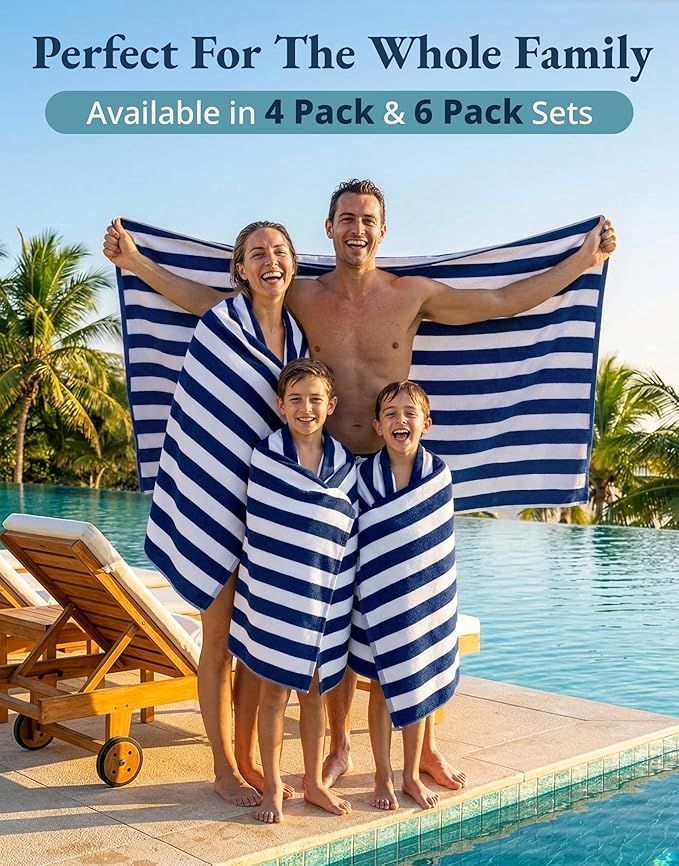 LANE LINEN Beach Towels 4 Pack - Premium 520 GSM Beach Towel – 100% Cotton Ultra Soft, Thick & Highly Absorbent Pool Towels for Seaside & Summer Use - Quick Dry Towel Set for Holiday Travel Use - Blue