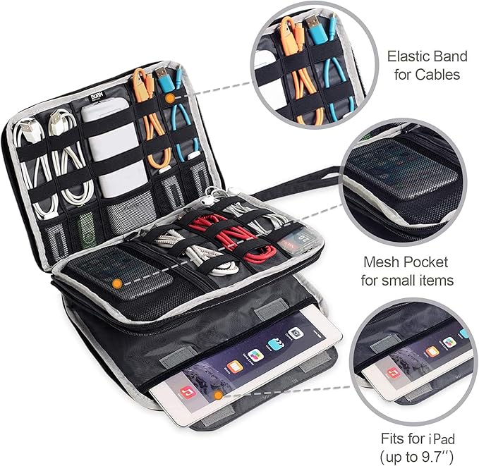 BUBM Double Layer Electronics Organizer, Travel Gadget Bag for Cables, Memory Cards, Flash Hard Drive and More, Fit for iPad or Tablet(up To 9.7")--Large, Blue