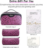 BOYATU Travel Makeup Bags Cosmetic Organizer Bag: 3 Pcs Set Large Capacity Make up Bag with Compartments - Waterproof Leather Toiletry Bags with Handle for Women (B-Red)