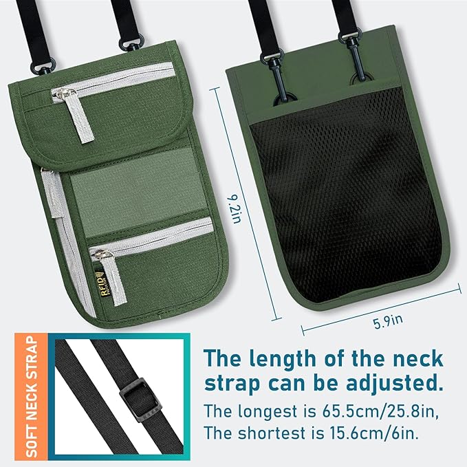 Travel Neck Wallet, RFID Blocking Passport Holder with Adjustable Neck Strap for Men and Women to Keep Cash, Credit Cards and Travel Documents Safe - B