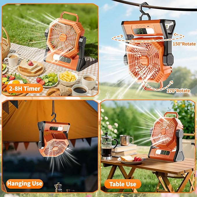 VVU&CCO Table Fan Portable Fan for Camping with LED Lantern,10000mAh Rechargeable Battery,30H Runtime,USB-C Fast Charging,3 Speeds Strong Airflow,Cordless for Travel Barbecue Home Office Tent Desk