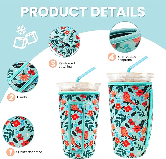 KJQJLY 3 Pack Reusable Iced Coffee Sleeves for Iced Coffee Cups or Drinks Reusable Neoprene Insulated Sleeves for Hot and Cold Drinks from Starbucks, Dunkin, And More (Bird)