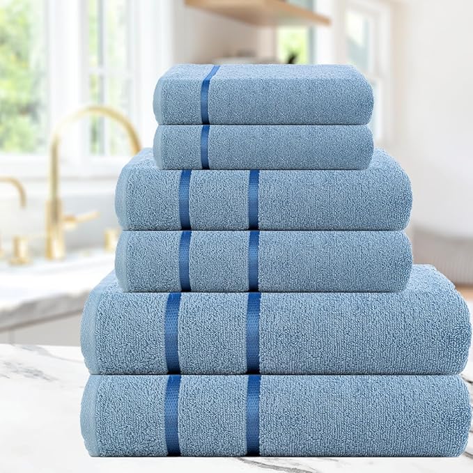 CASA COPENHAGEN Eternal 6Pcs 100% Egyptian Cotton Large Designer Towels Gift Set- Dusty Blue, 500 GSM, 2Bath 2Hand 2Washcloths, Bath Towels for Bathroom Set for Women & Men