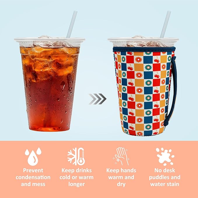 KJQJLY 3 Pack Reusable Iced Coffee Sleeves for Iced Coffee Cups or Drinks Reusable Neoprene Insulated Sleeves for Hot and Cold Drinks from Starbucks, Dunkin, And More (check)