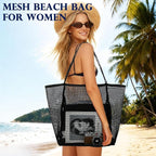 Fammart Mesh Beach Bag, Large Beach Tote with Zipper Pocket, Toys Pool Bag for Family Travel Vacation Cruise Essentials