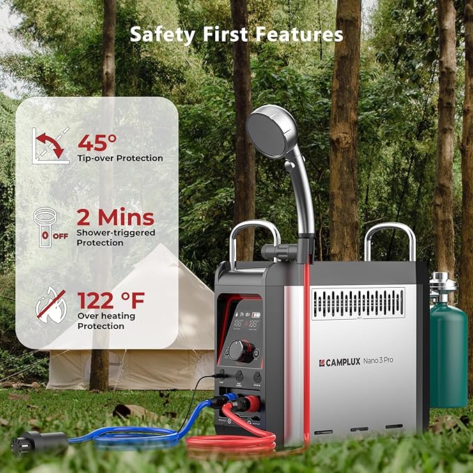 CAMPLUX Nano 3 Pro, Battery Powered Portable Water Heater, 1 lb On-Demand Propane Camping Shower, On Ground Camp Water Heater & Shower Pump, CSA Certified Safety