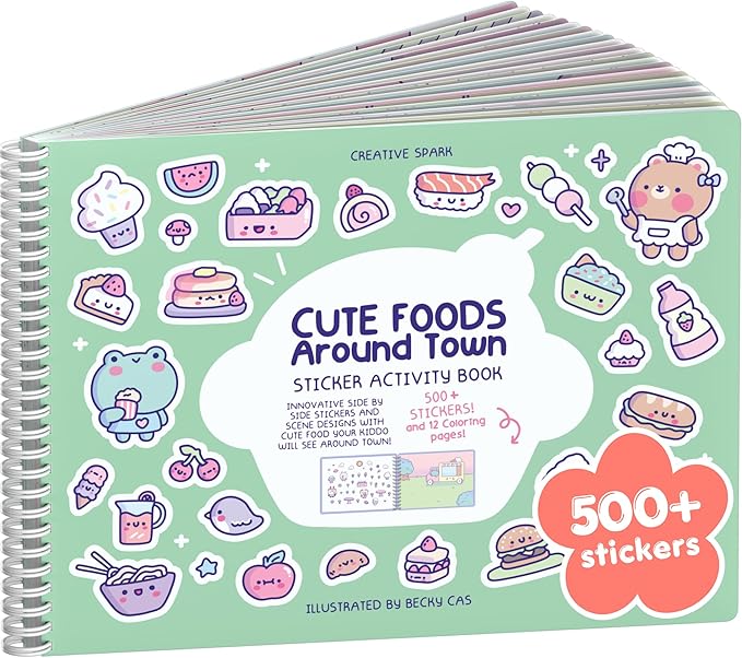 Cute Foods Around Town 500+ Sticker Book for Girls by Cupkin Toddler Airplane Activity Coloring + Sticker Book, Road Trip Essentials, 12 Coloring Pages + 12 Scenes for Ages 2–8 Years