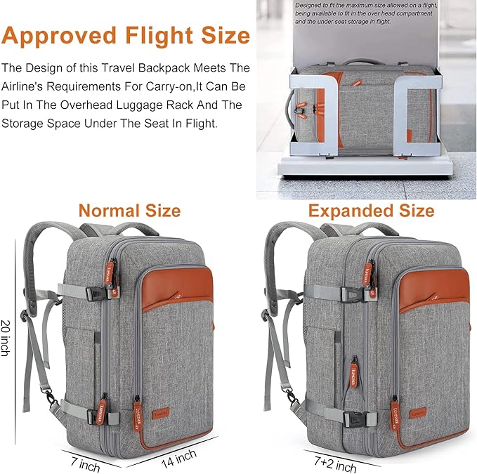 Lumesner Carry on Travel Backpacks, Extra Large 40L Flight Approved Bag for Men & Women,Expandable Suitcase Backpack With 4 Packing Cubes,Water Resistant Luggage Daypack Business Weekender Bag, Grey