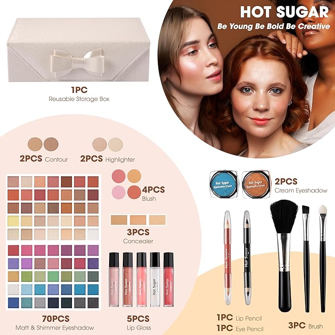 Hot Sugar Beginner Makeup Kit - 92 Piece Makeup Set for Women, Complete Full Face Cosmetics Collection, Ideal Makeup Gift Set (White)