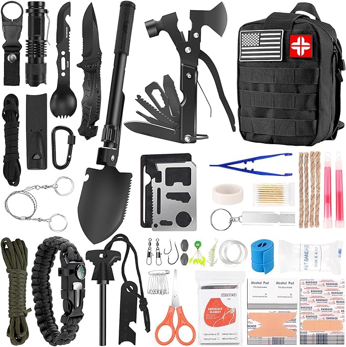 LUXMOM Emergency Survival Kit and First Aid Kit, 142Pcs Professional Survival Gear and Supplies Equipment with Molle Pouch, Gift for Christmas Men Dad Husband Camping Hiking Hunting Outdoor Adventure