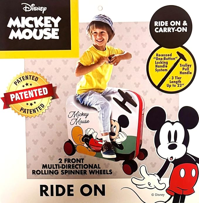 Fast Forward 2-in-1 Kids 18” Suitcase & Ride-On Luggage -Lightweight Tow-Along Toddler Luggage With Wheels (Mickey New)