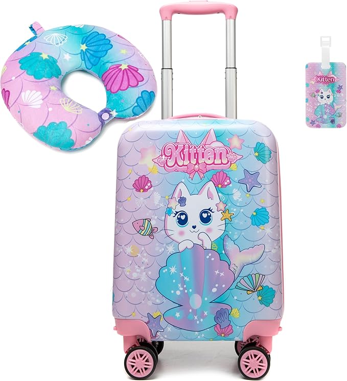 Cute Cat Kid's Luggage Set: 2 Piece Hardside Spinner Wheels Suitcase Set, 16' Airline Approved, Pink Cat Pattern, Ages 5+