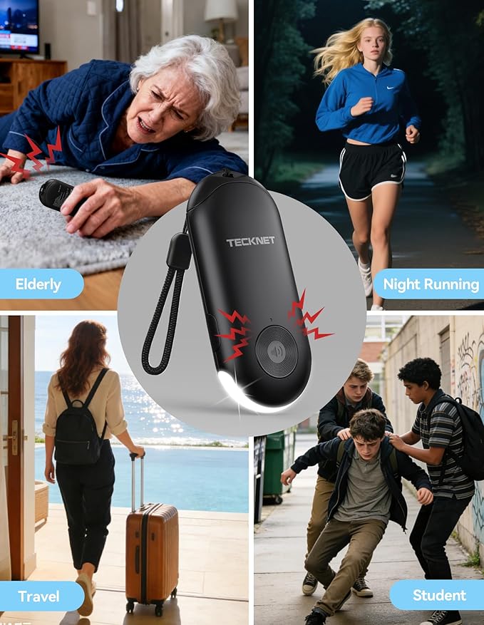 TECKNET Personal Safety Alarm, Rechargeable Personal Alarms for Women, 130dB Self Defense Keychain Alarm with Extra Loud Siren & Strobe Light , Gift for Women, College Girls, Teenagers, Seniors(Black)