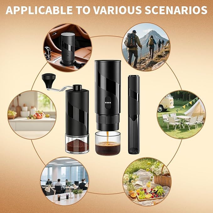 Portable Coffee Maker Set - Travel Coffee Maker, Electric Espresso Machine for Camping, Travel, Car, RV, Hiking, with Ground Coffee & Capsule Accessories, Milk Frother, Grinder, Gift for Coffee Lover