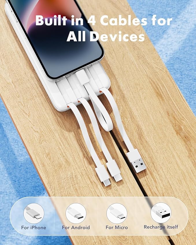 charmast 20000mAh Portable Charger with Built in Cables, 22.5W Travel Power Bank Fast Charging, USB C Cell Phone Battery Pack for iPhone 16/15/14/13/12/11 Series, iPad, Samsung, Android, Tablet