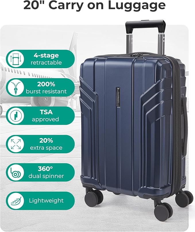 BAGSMART Expandable Carry On Luggage 22x14x9 Airline Approved, 20 Inch Travel Luggage with Spinner Wheels, Lightweight Hard Shell Suitcase Carry on Dark Blue