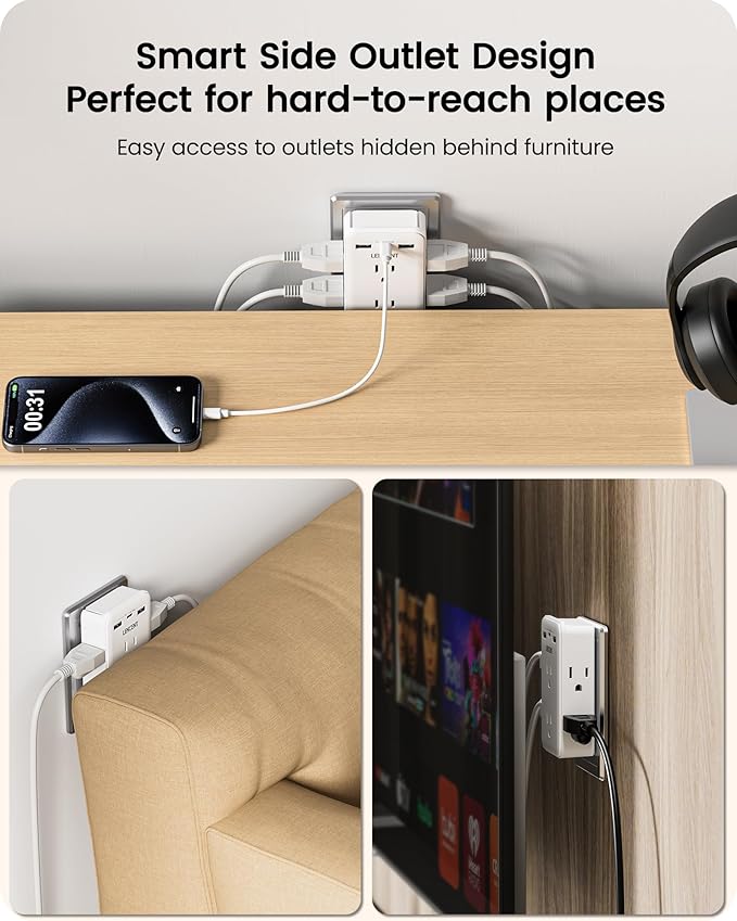 LENCENT 2 to 3 Prong Outlet Adapter, 2 Prong Power Strip with 6 AC Sockets 3 USB Ports(1 USB C), 3-Sided Wall Plug Splitter, 1875W Max, Compact Adapter for Non-Grounded Outlets in Old Houses