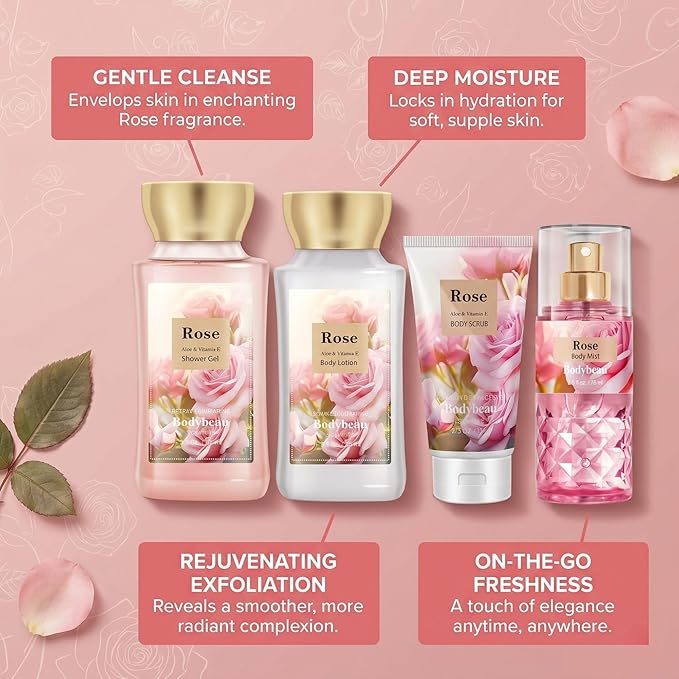 Rose Bath and Body Gift Set for Mom, 4-Piece Set Collection, Shower Gel, Body Lotion, Body Mist, Exfoliating Scrub, Personal Portable Body Care Travel Set, Gift for Mom, Wife, or Grandma