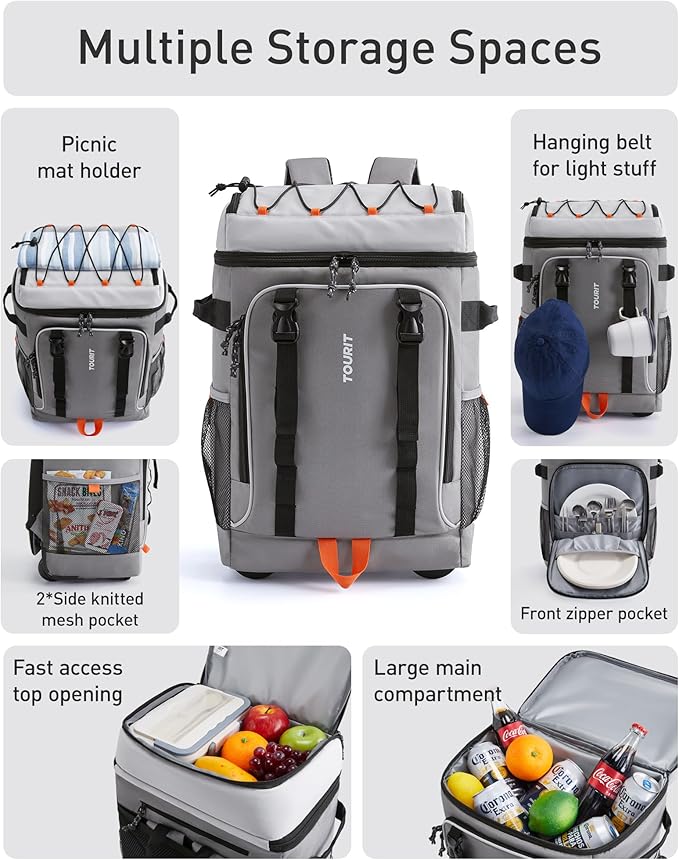 TOURIT Insulated Rolling Cooler Backpack, Leakproof Waterproof Beach Cooler Bag with Wheels and Handle, Outdoor Camping Picnic Travel