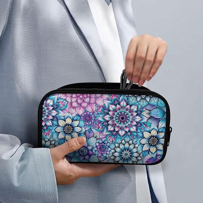 Purple Boho Flower Print Large Electronics Organizer, Travel Cord Organizer, Cable Storage Bag, Tech Accessories Case