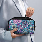 Purple Boho Flower Print Large Electronics Organizer, Travel Cord Organizer, Cable Storage Bag, Tech Accessories Case