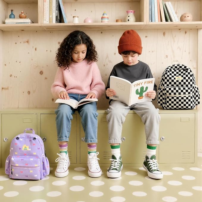 STEAMEDBUN Corduroy Kids Backpack for Girls and Boys 5-8: Boys Backpack for Elementary Kindergarten - 15 inch Cute Backpacks for Kids - Checkered