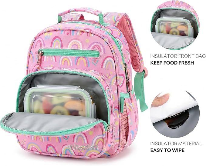 mibasies Girls Backpack 5-8: Lightweight Kids Backpacks for Girls - Girl Bookbag for Elementary School - Rainbow Pink