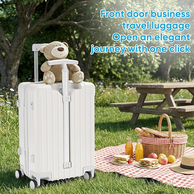 TABU 20" Carry on Luggage with Seat for Kids & Adults，Front-Opening Hardshell Carry On Suitcase with Double Handles & TSA Lock, White