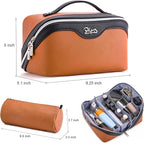 BOYATU Travel Makeup Bag Organizer Cosmetic Bag: 3 Pcs Set Make up Bags for Women with Handle - Waterproof Vegan Leather Toiletry Bags Travel Essentials Pouch with Compartments (A-07-Orange)