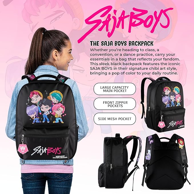 AI ACCESSORY INNOVATIONS K-Pop Demon Hunters Chibi Saja Boys 16” Backpack for Girls, Featuring Jinu, Abby, Mystery, Romance, & Baby, Saja Rubber Molded Bag Charm, Saja Boys