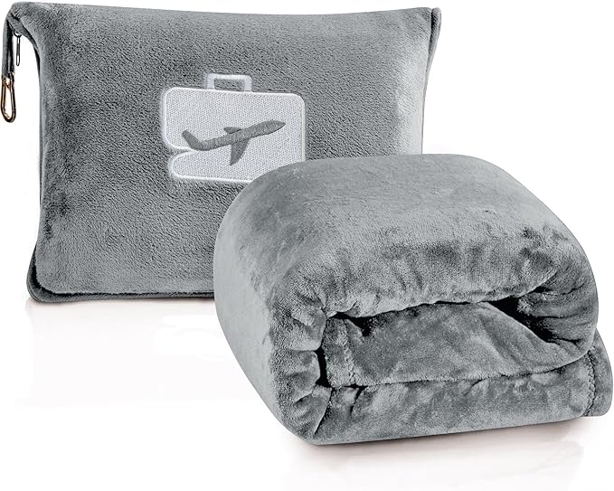 Comfort Fly Travel Blanket & Pillow – 2-in-1 Micro Plush Airplane Blanket with Carry Case (40" x 70") - Gray