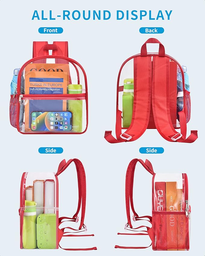 Paxiland Clear Backpack Stadium Approved 12×12×6 with Reinforced and Wider Shoulder Straps, Small Clear Bag for Schools, Concerts, Work, Festivals and Sporting Events - Red