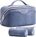 BOYATU Travel Makeup Bags for Women: 3 Pcs Set Wide Open Cosmetic Bag - Portable Make up Bags with Handle - Vegan Leather Toiletry Organizer Bag with Divider (G-05-Blue)