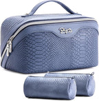 BOYATU Travel Makeup Bags for Women: 3 Pcs Set Wide Open Cosmetic Bag - Portable Make up Bags with Handle - Vegan Leather Toiletry Organizer Bag with Divider (G-05-Blue)