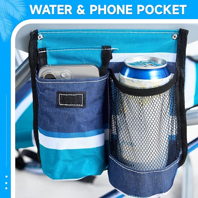 2 Pack Lightweight Portable Camping Beach Chair for Adults, Outdoor Lay Flat Folding Beach Chairs with 5 Positions, Backpack Beach Chair with Towel Bar, Zipper Pouch, Cup Holder, Blue Green