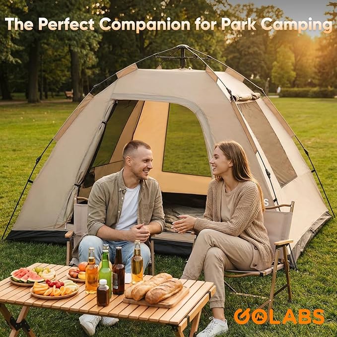 Golabs CT3 2 Person Instant Camping Tent, 1-Minute Setup by Pre-Attached Pole, 4 Side Mesh & Door Ventilation, Lightweight 4.8lbs Portable Design with Carry Bag, Inner Storage Pockets & Hooks for Park