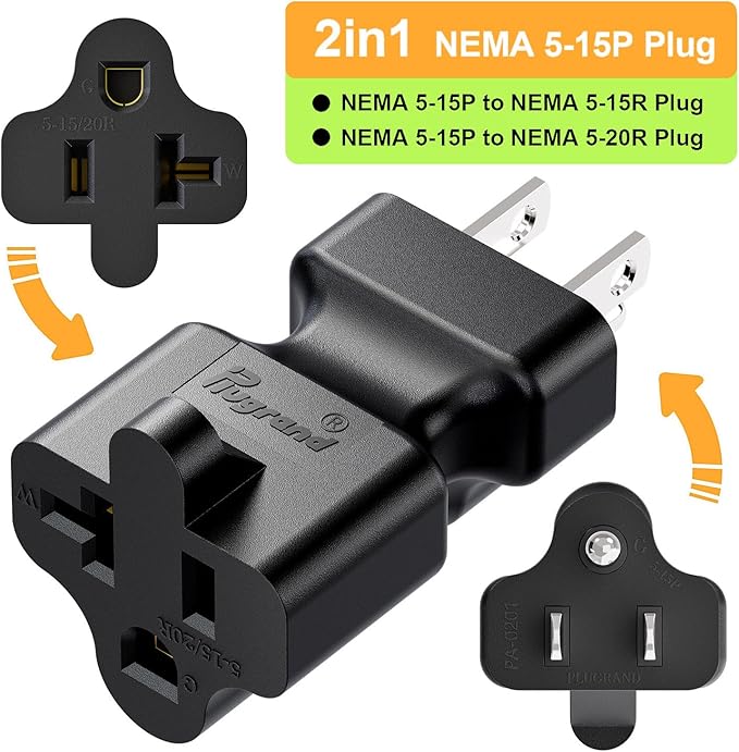 15 Amp to 20 Amp Nema 5-15P to 5-15R/5-20R Power Adapter (3 Pack)