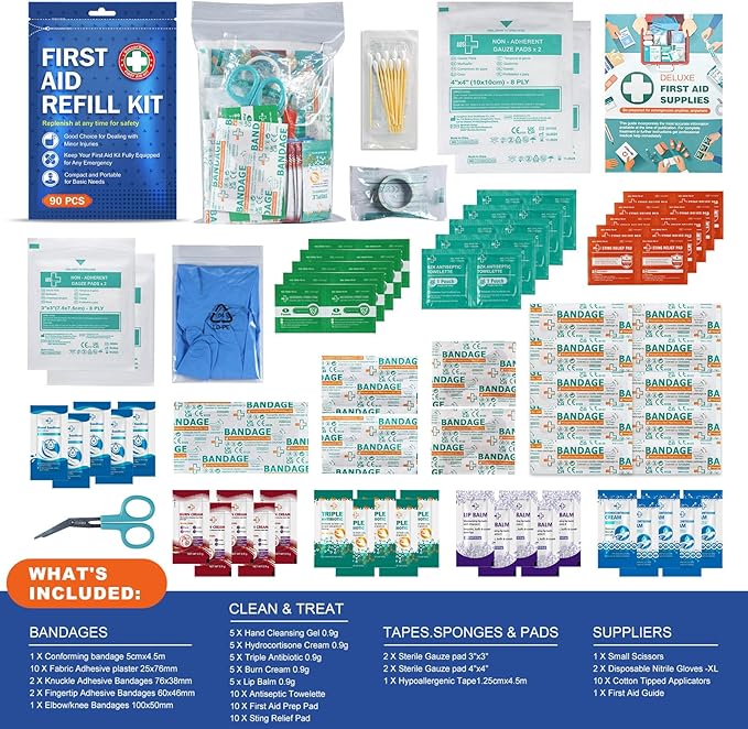 SuccorWare 90 Pieces First Aid Refill Kit - Wound Care Kit Includes Bandages for Home, Travel, Hiking - Portable Replacement Kit for First Aid Medical Supplies（2 Set）