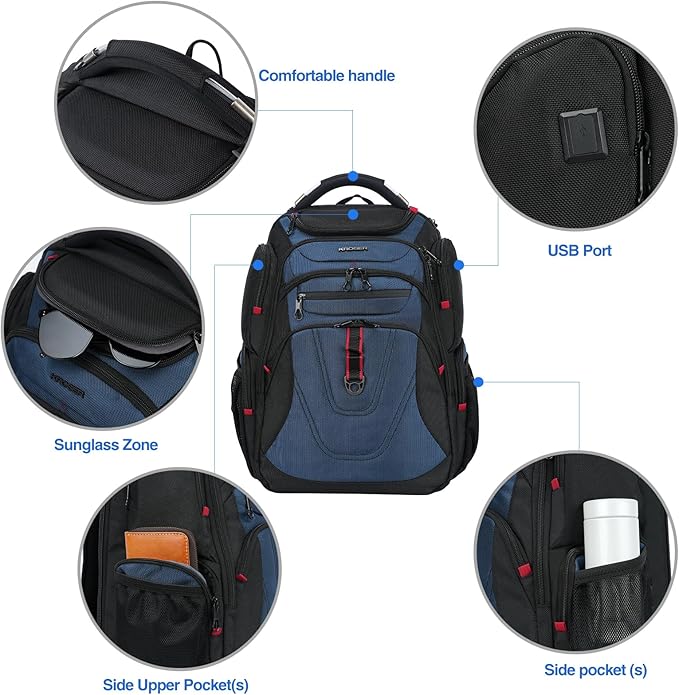 KROSER TSA Friendly Travel Laptop Backpack 17.3 inch XXXL Gaming Backpack Water-Repellent College Daypack Business Backpack with RFID Pockets & USB Port for Men/Women-Black/Haze Blue
