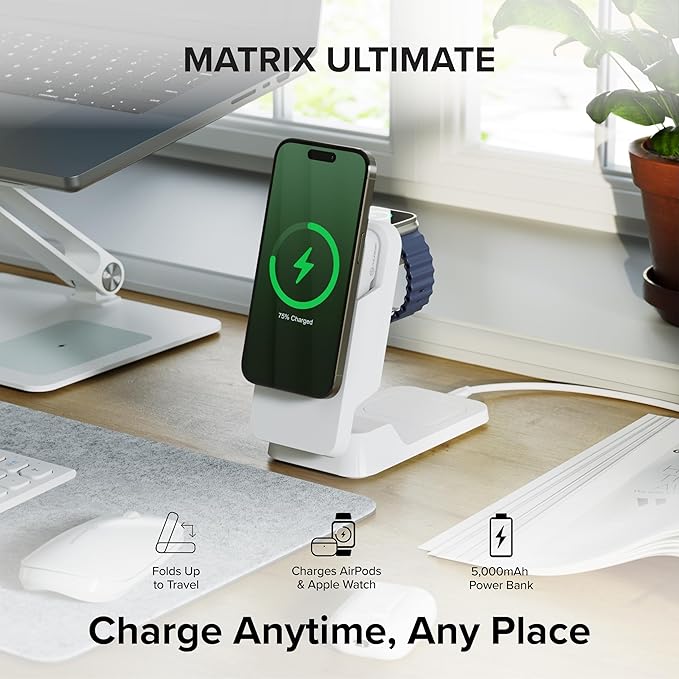 Matrix Ultimate 3-in-1 Wireless Charger with 5,000mAh MagSafe Powerbank- Global Edition | Wireless Power Bank | 5000 mAh Power Bank